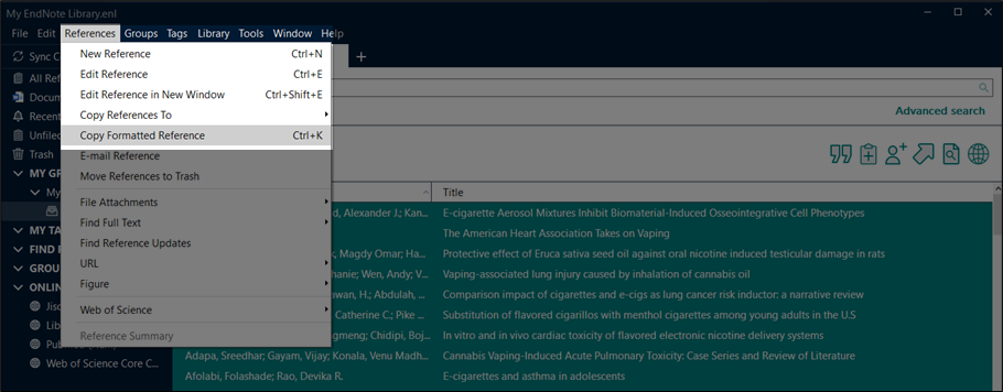 Screenshot showing how you Copy formatted references from Endnote