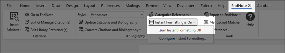 Screenshot showing where to find Turn instant formatting off in Word