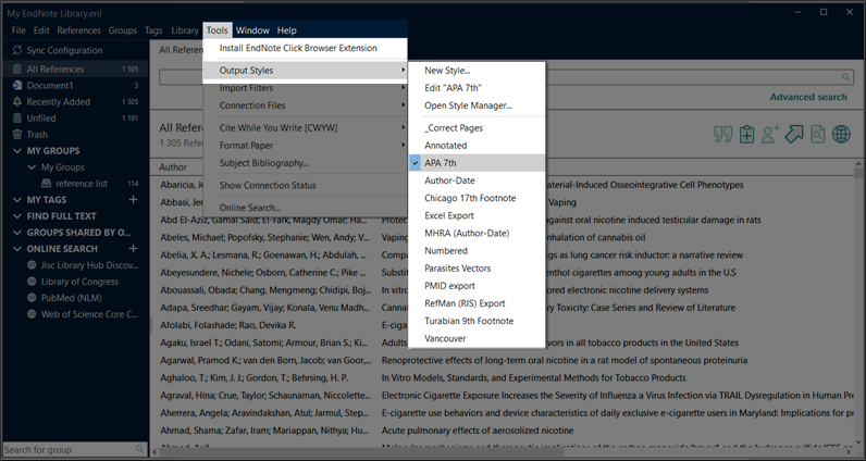 Screenshot showing where you choose Output Style in Endnote