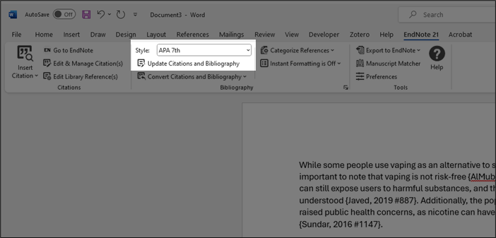 Screenshot showing how you update citations and bibliography in Word