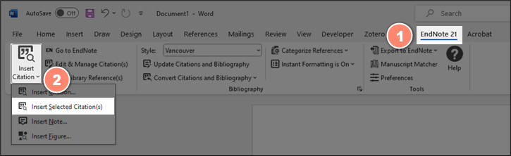 Screenshot showing where you find the insert citation button in Word