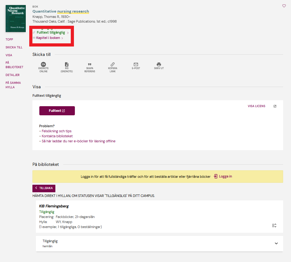 Skärmdump som visar en bok i som finns i fulltext