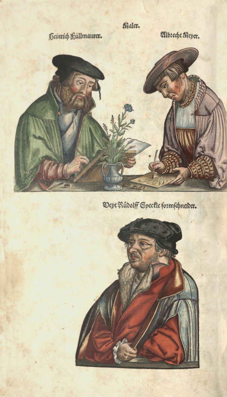 Portraits of the three artists Heinrich Fullmaurer, Veit Rudolph Speckle and Albrecht Meyer. Hand coloured woodcut, 1543.