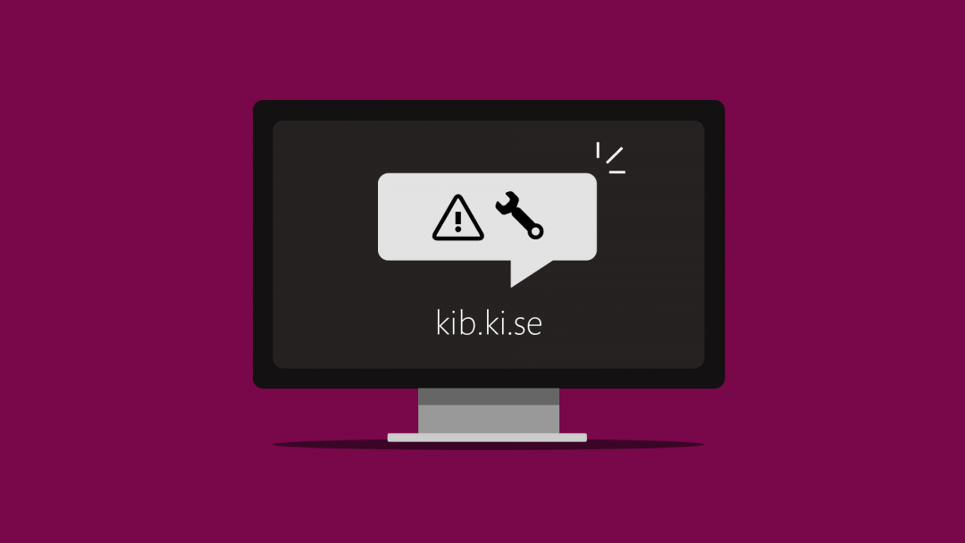Illustration of a computer screen displaying the text kib.ki.se, a warning triangle and a wrench.