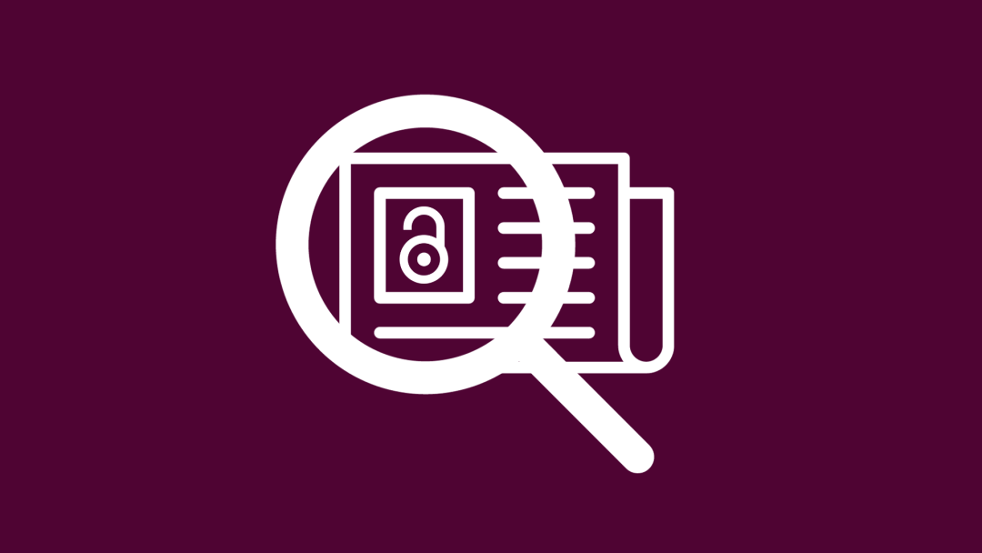 Graphics with magnifying glass, journal and open access icon.